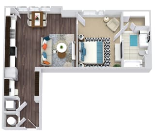 1 bedroom. 1 bath floorplan. galley style entry with built-in desk, butlers pantry leading to kitchen with pantry. Open to living/dining. Stackable W/D.
