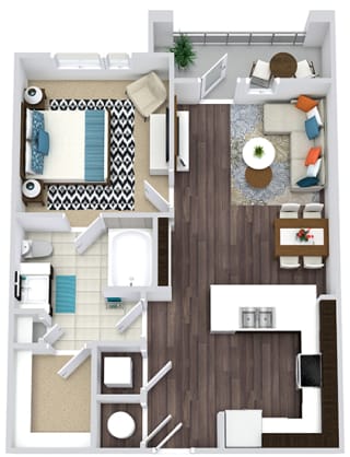 1 Bedroom 1 Bath Floorplan. U-shaped kitchen with a peninsula island sink. Hooks at Entry, Butlers pantry leading to Living/Dining area. Bathroom with linen and walk-in closet. stackable W/D.
