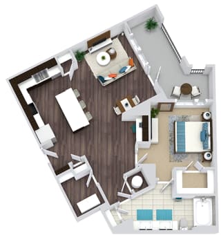 1 bedroom, 1 bath floorplan. entry nook. L-shaped kitchen with island and Pantry. Open to Living/dining. Built-in desk. Double sink bath vanity. linen closet. Laundry room. large balcony.