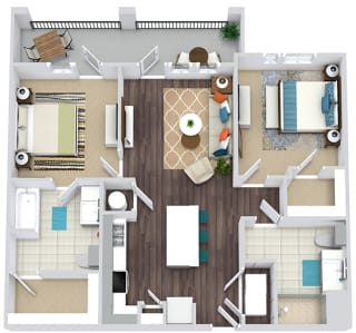 2 bedroom, 2 bath floorplan.  L-shaped kitchen with island and pantry. Open to Living/dining area. Standalone shower in guest. Both with W.I.C. large balcony. Washer/dryer