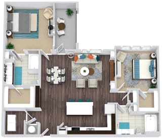 2 bedroom, 2 bath floorplan. L-shaped kitchen with island and pantry and butlers pan. Open to Living/dining area with Built-in shelves. Double sink vanity in primary bath. large balcony. Washer/dryer