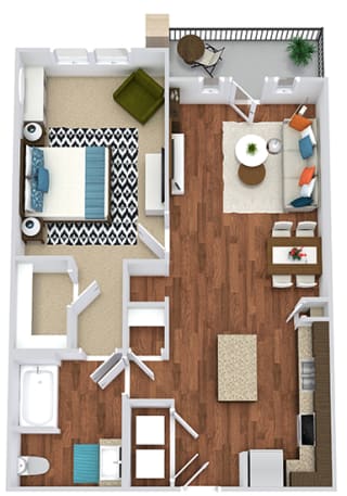 The Jennings. 1 bedroom apartment. Kitchen with island open to living/dinning rooms. 1 full bathroom. Walk-in closet. Patio/balcony.