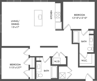 2 bedroom floorplan. Entrance hall leads to kitchen/living/dining areas. guest bathroom with linen shelves. bedrooms on opposite ends of apartment. primary bedroom has private bathroom that leads to Walk-in closet. W/D.