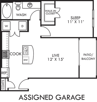 The Lonestar with Assigned Garage 3D. 1 bedroom apartment. Kitchen with island open to living room. 1 full bathroom. Walk-in closet. Patio/balcony.