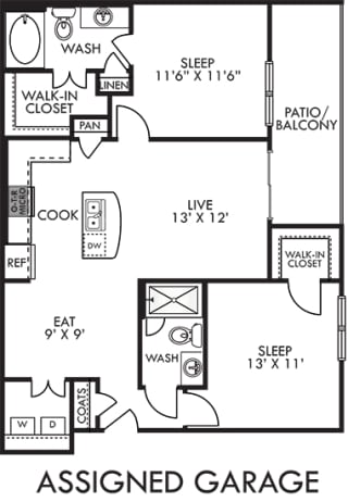 The Sage with Assigned Garage 3D. 2 bedroom apartment. Kitchen with island open to living/dinning rooms. 2 full bathrooms, shower stall in master. Walk-in closets. Patio/balcony.
