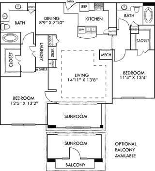 The Vancouver &#x2B; Sunroom. 2 bedroom apartment. Kitchen with bartop open to living/dining rooms. 2 full bathrooms, double vanity in master. Walk-in closets. Sunroom.