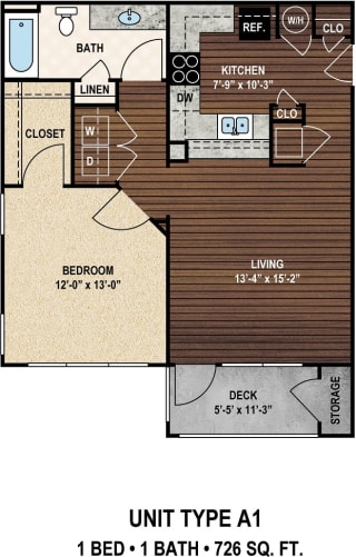 Our A1 The Lorena floor plan with one bedroom and one bath. York Woods at Lake Murray Apartment Homes in Columbia, SC.