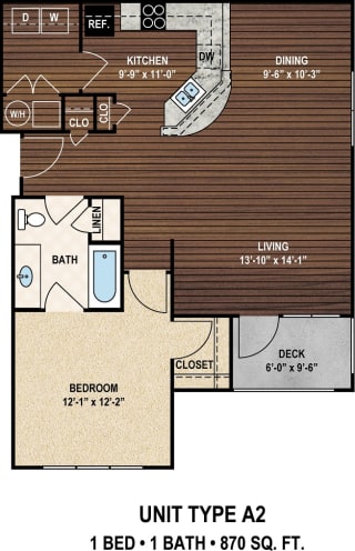 Our A2 The Savilla floor plan with one bedroom and one bath. Our A2 The Savilla floor plan with one bedroom and one bath. at York Woods at Lake Murray Apartment Homes, South Carolina