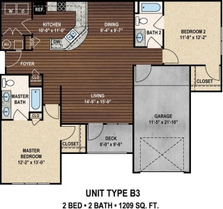Our B3 The Spence floor plan with two bedrooms and two baths. at York Woods at Lake Murray Apartment Homes, Columbia, South Carolina