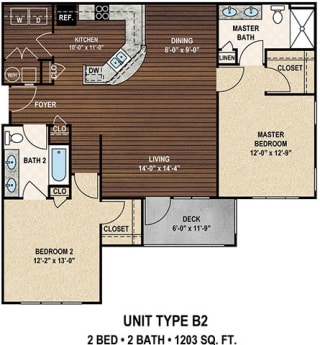 Our B2 The Doolittle floor plan with two bedrooms and two baths. at York Woods at Lake Murray Apartment Homes, South Carolina