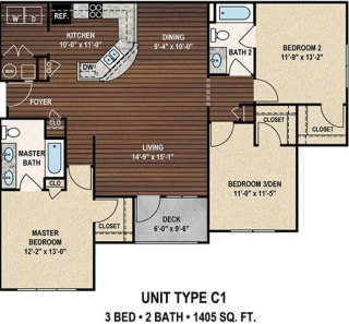 three bedrooms and two baths floor plan at York Woods at Lake Murray Apartment Homes, Columbia, SC, 29212