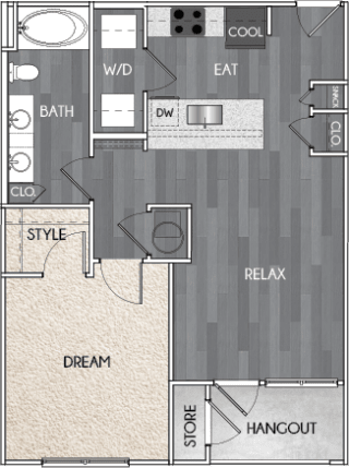 Our A4 one bedroom, one bath floor plan. Argento at Riverwatch Apartments in Augusta, GA.