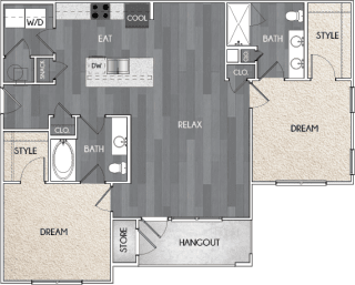 Our B1 two bedroom, two bath floor plan. Argento at Riverwatch Apartments in Augusta, GA.