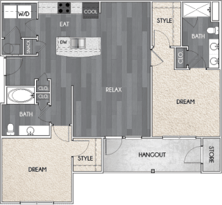Our B2 two bedroom, two bath floor plan. Argento at Riverwatch Apartments in Augusta, GA.