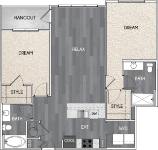 Our B3.1 two bedroom, two bath floor plan. Argento at Riverwatch Apartments in Augusta, GA.
