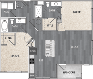 Our B4 two bedroom, two bath floor plan. Argento at Riverwatch Apartments in Augusta, GA.