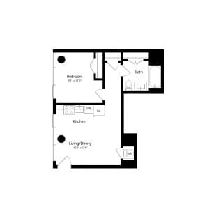 Floor Plan West Half 1 Bedroom - 1 Bath | Aj1