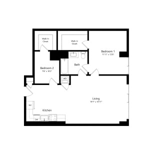 Floor Plan West Half 2 Bedroom - 1 Bath | Bj2