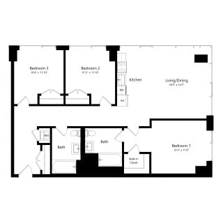 Floor Plan West Half 3 Bedroom - 2 Bath | C01