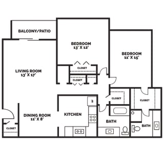 Floor Plan 2 Bedroom, 2 Bathroom - 1,145 SF