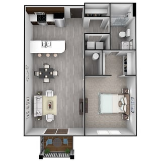 Floor Plan 1 Bedroom, 1 Bathroom - 744 SF