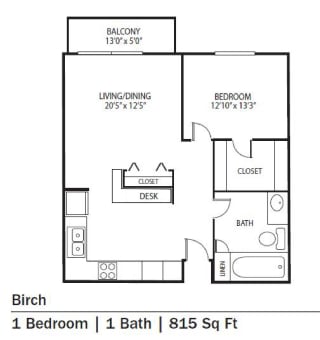 Cedars Lakeside Apartments in Little Canada, MN 1 Bedroom Apartment Birch Floor Plan