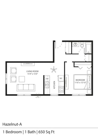 floor plan of the Hazelnut 1 bedroom | 1 bath | 650 sq ft