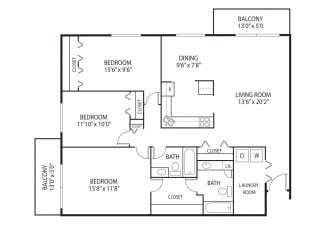 Cedars Lakeside Apartments in Little Canada, MN 3 Bedroom Apartment Willow Floor Plan