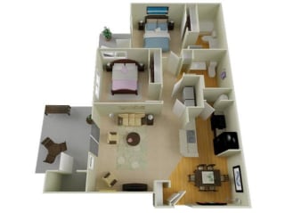 Pine Valley Ranch Apartments Spokane, Washington 2 Bedroom 2 Bath 3D Floor Plan 1034 sq ft