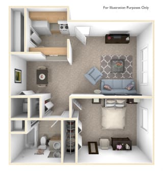 1 Bed 1 Bath Alpine One Bedroom Floor Plan at Old Monterey Apartments, Springfield, MO, 65807