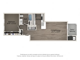 Elite 1 BR 1 BA Floor Plan at Emerald Creek Apartments, Greenville, SC 29607