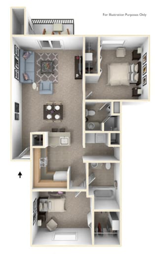 Two Bedroom Two Bath GR Floorplan at Gull Prairie/Gull Run Apartments and Townhomes, Kalamazoo