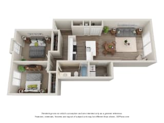 2-Bed/1-Bath, Lily Floor Plan at Hillside Apartments, Wixom, MI