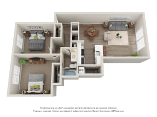 2-Bed/1-Bath, Moonflower Floor Plan at Hillside Apartments, Michigan, 48393
