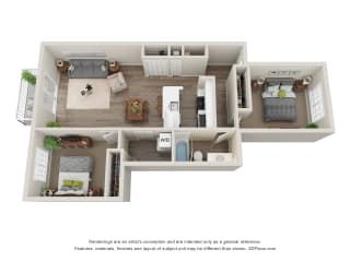 2-Bed/1-Bath, Azalea Floor Plan at Hillside Apartments, Wixom, 48393
