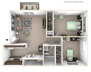 2-Bed/1-Bath, Marigold Floor Plan at Great Oaks Apartments, Rockford, IL