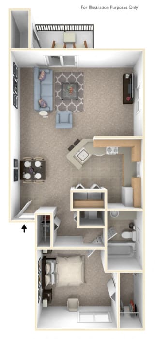 One Bedroom One Bath End Floorplan at Dupont Lakes Apartments, Indiana, 46825