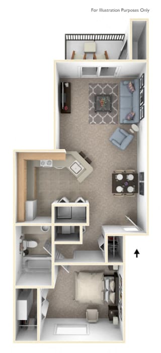 One Bedroom One Bath Floor Plan at Canal Club Apartments, Lansing, MI