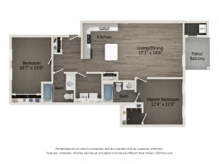 Premier 2 BR 2 BA Floor Plan at Emerald Creek Apartments, Greenville, SC