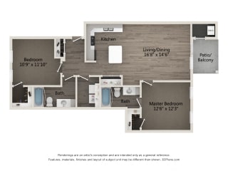 Prestige 2 BR 2 BA Floor Plan at Emerald Creek Apartments, Greenville