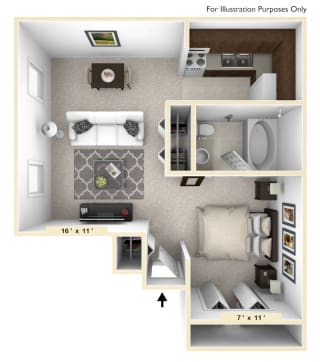 The Shetland Studio Floor Plan at Polo Run Apartments, Greenwood, IN