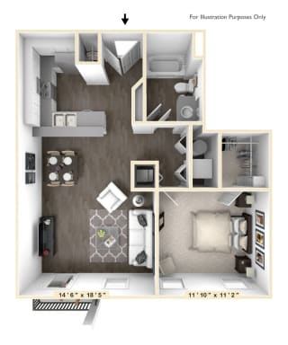 The Tensley - 1 BR 1 BA Floor Plan at Bella Vista Apartments, Indiana, 46038