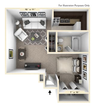 The Villa Studio Floor Plan at Bavarian Village Apartments, Indianapolis, Indiana
