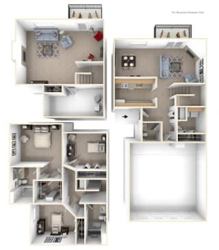 Three-bedroom Two-Story Floorplan at Gull Prairie/Gull Run Apartments and Townhomes, Kalamazoo, MI, 49048