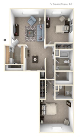 Two Bedroom - Two Bathroom Floor Plan at Wood Creek Apartments, Wisconsin, 53144