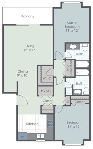 2 Bedroom 2 Bath 1102 sq ft floor plan image