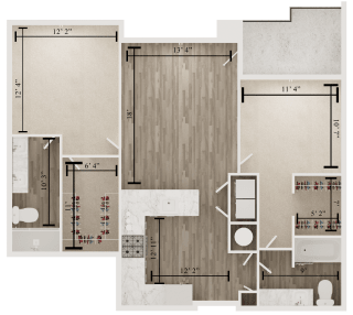 2D Floor Plan with Dimensions of 2 Bed 2 Bath Luxury Apartment