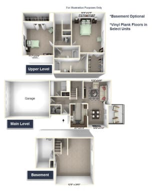 Trillium Townhome Floor Plan - 2 BR 2.5 BA at Killian Lakes Apartments and Townhomes, Columbia
