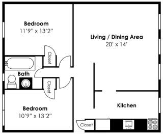 2D Floorplan for 2 bed 1 bath 829sf, at Mount Ridge Apartments, Baltimore, 21228