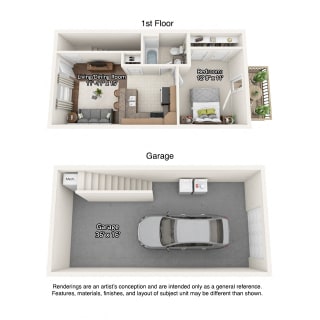 1 bedroom 3 dimensional floorplan with garage